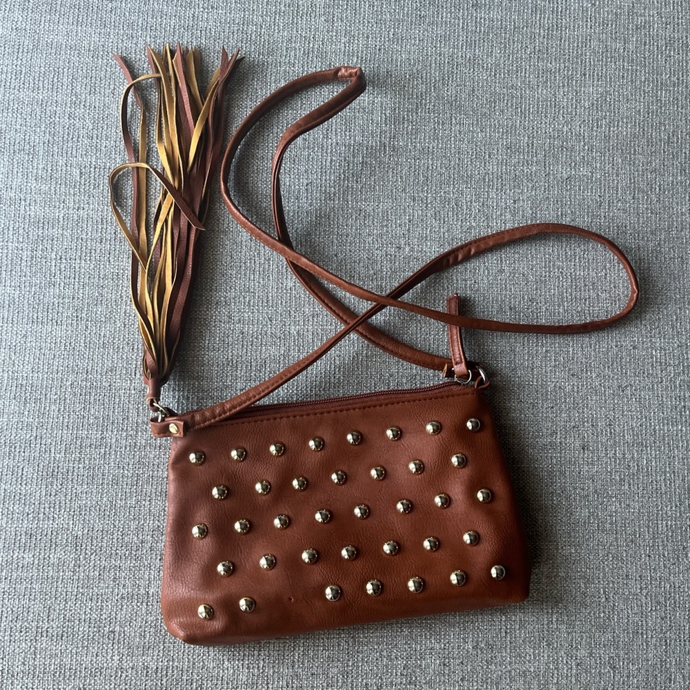 MISSING STUD: Rue 21 Studded Brown Leather Crossbody Bag